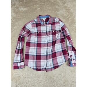 St Johns Bay Womens Plaid Button Up Shirt Burgundy Navy White Cotton Size M